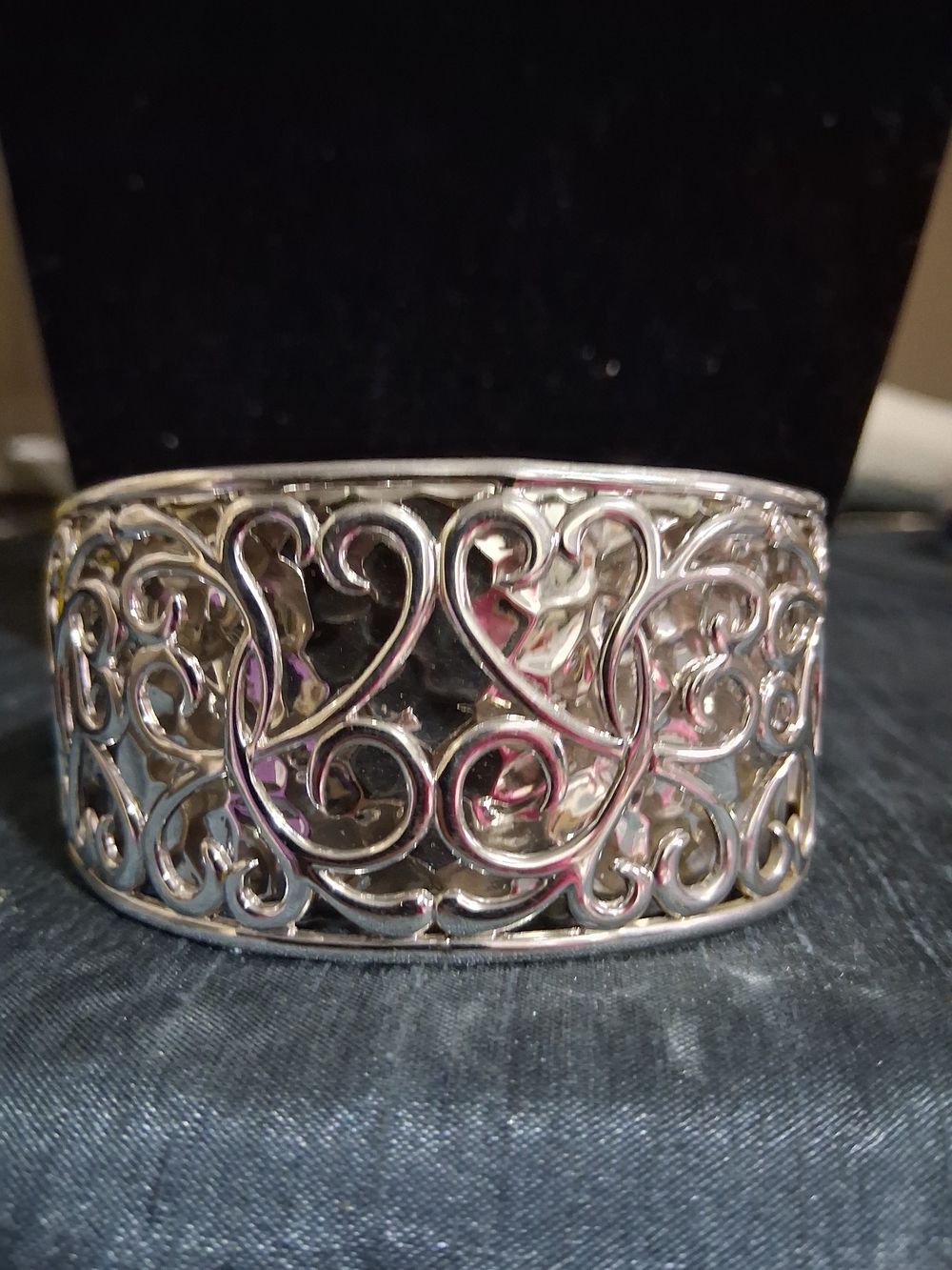Vintage K-STAR 925 Sterling Silver Double Layer Heart Scroll Filigree Cuff Heart